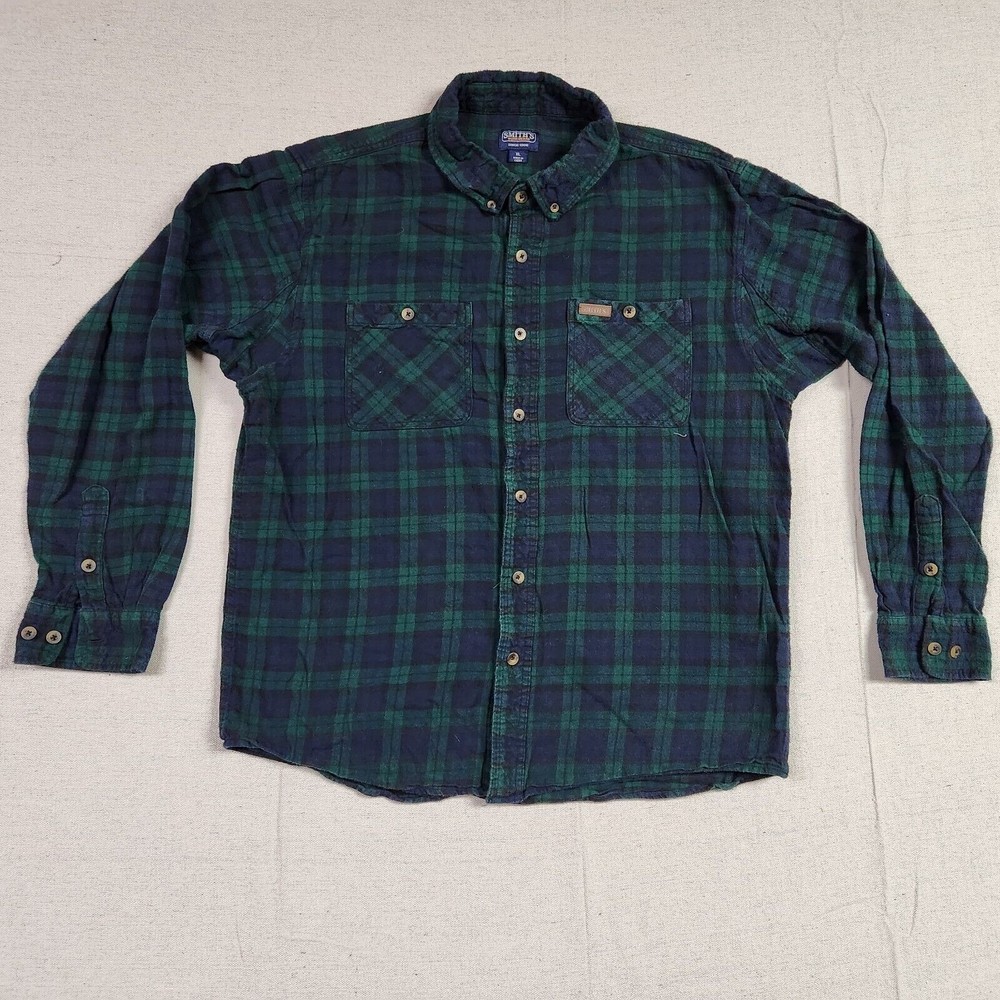 Smith's Work Wear Shirt Men XL Green Blue Plaid Flannel Long Sleeve Button Down